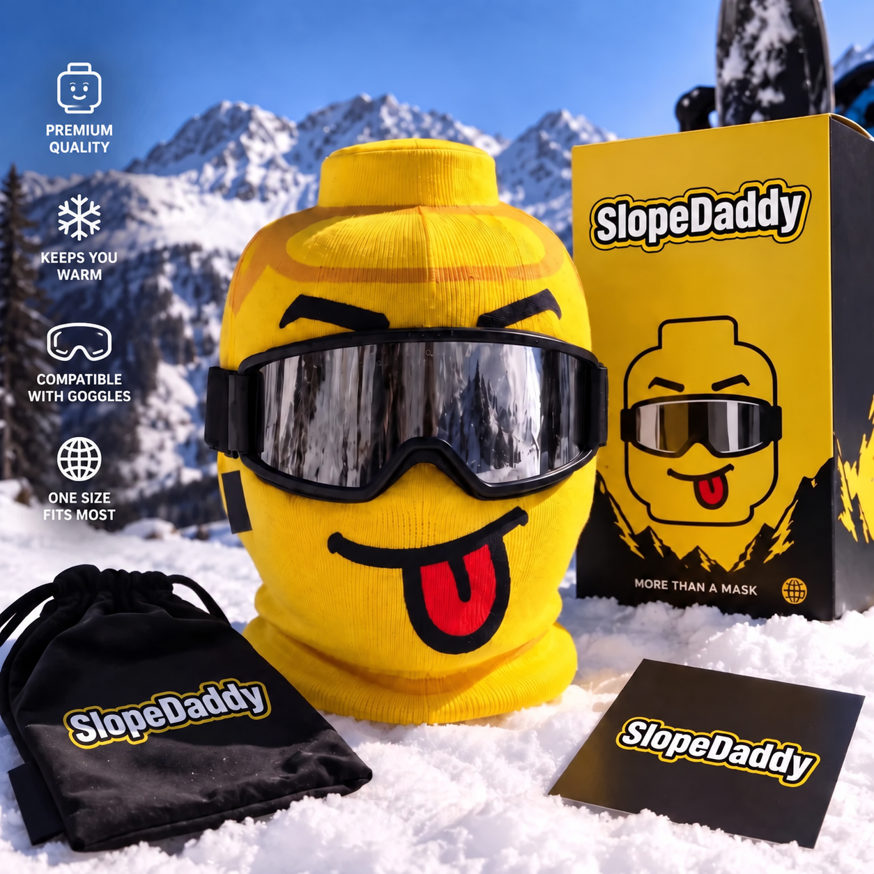 SlopeDaddy yellow Tongue Out embroidered mask with ski goggles, packaging and snowy mountain backdrop