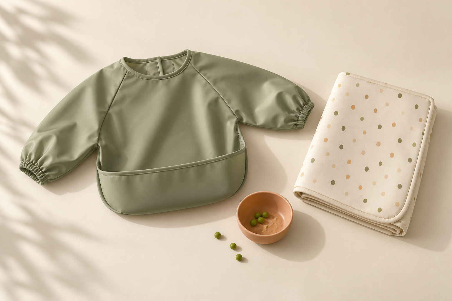 Illustrative concept of a sage sleeved bib and folded floor mat